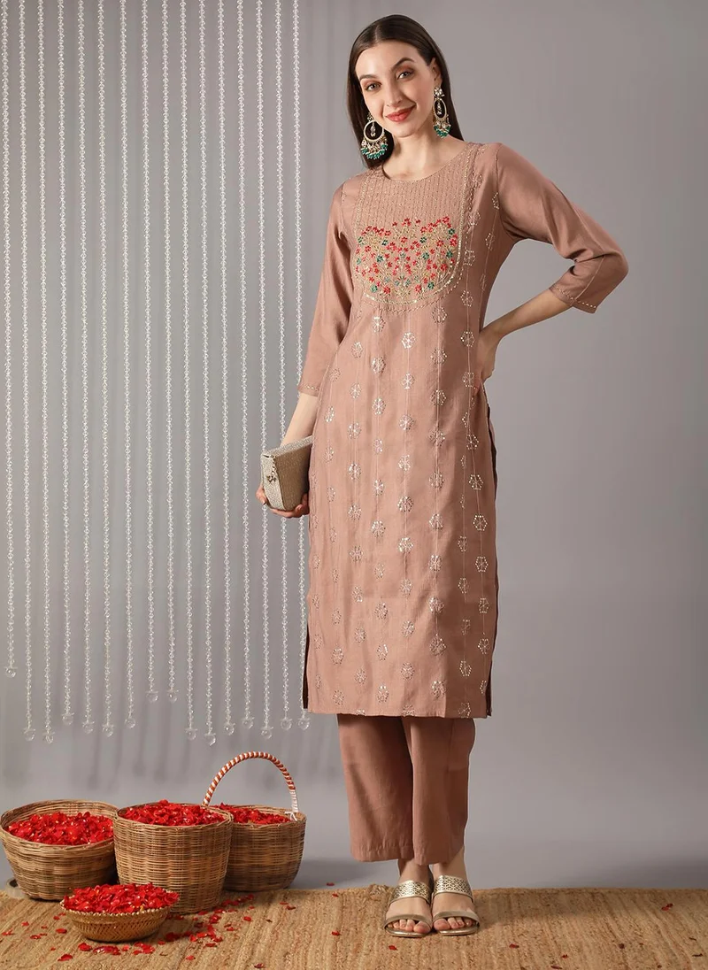 globus Globus Women Beige Sequin & Floral Embroidered Yoke A-Line Kurta With Pants Festive Set